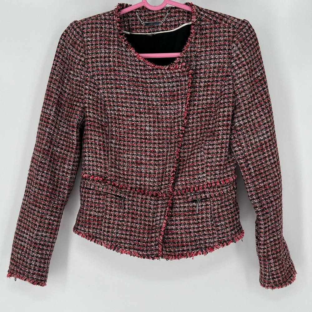 White House‎ Black Market Red & Black Metallic Tweed Moto Blazer Jacket